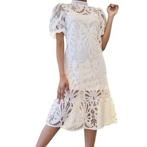 #A284  N BY NANCY  Romantic White Puff Sleeve Crochet Lace Dress  NWT  L